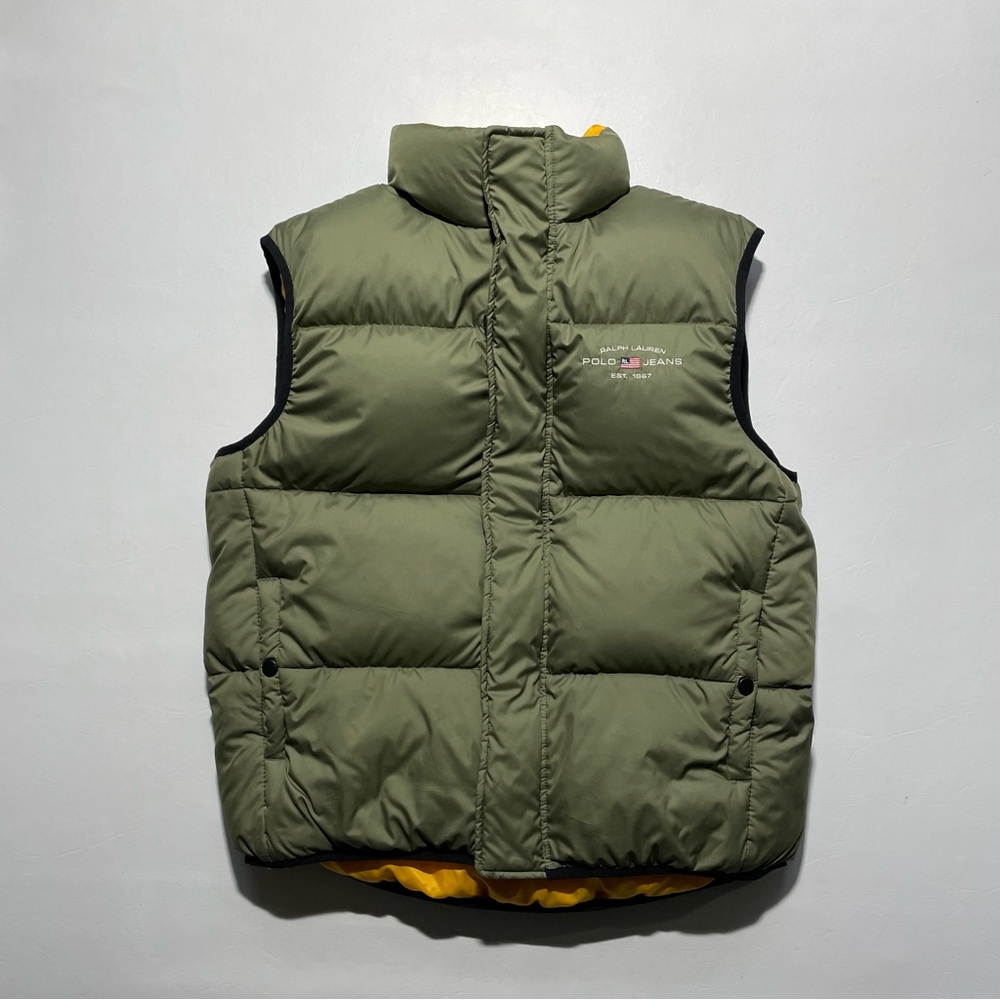 Polo Jeans by Ralph Lauren Men's Olive Puffer Vest yellow inner men’s medium